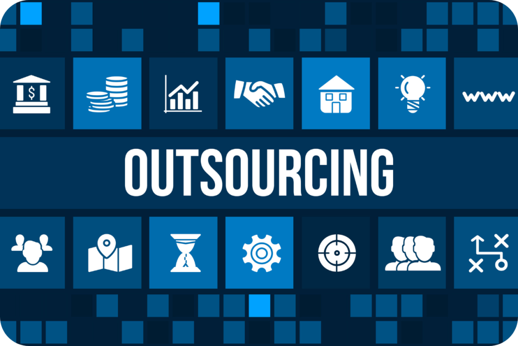 Painel de ícones de negócios e tecnologia em azul com a palavra central 'OUTSOURCING'.