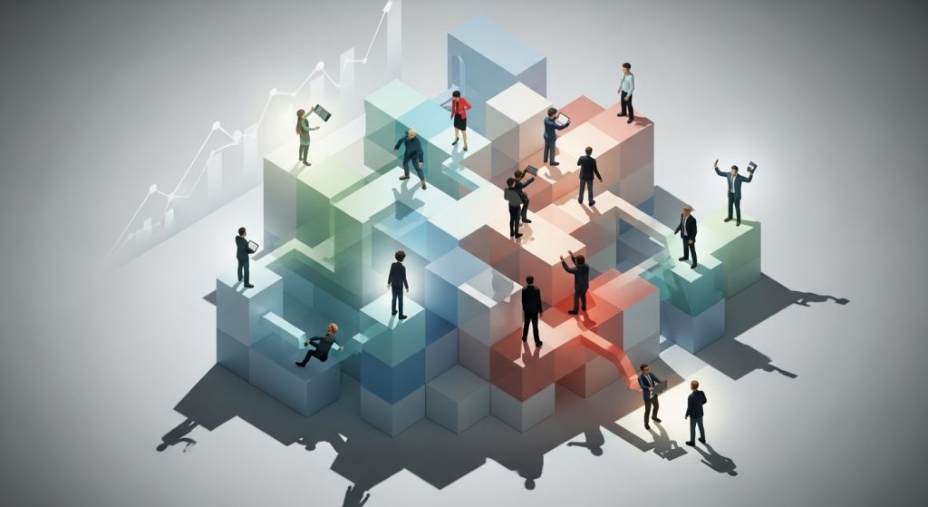 Ilustração isométrica 3D representando uma rede complexa de blocos translúcidos interconectados. Pequenas figuras humanas em trajes de negócios estão posicionadas sobre os blocos, utilizando tablets e dispositivos móveis para analisar dados, simbolizando colaboração digital, fluxos de trabalho e inteligência de mercado com gráficos de crescimento ao fundo.