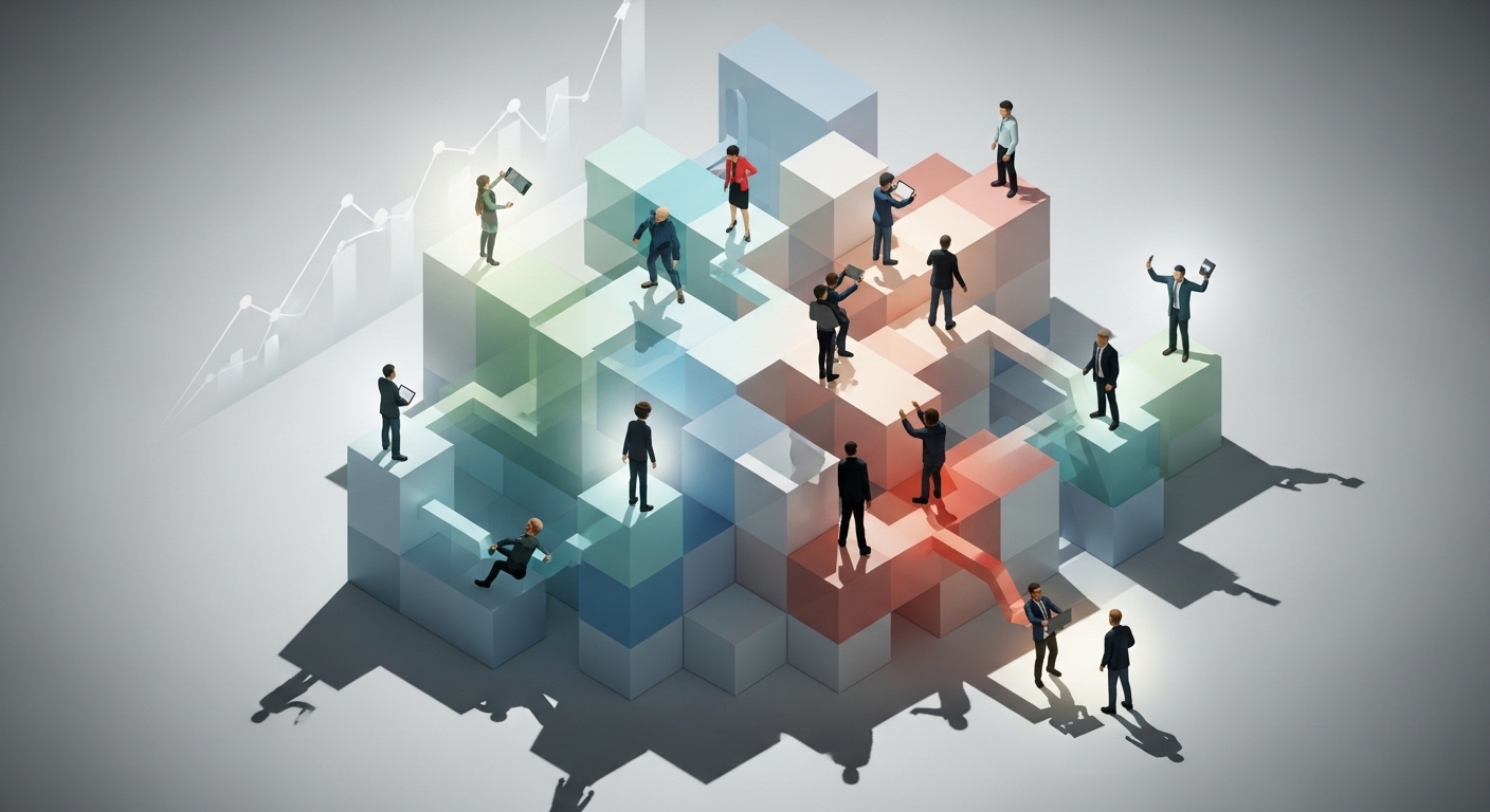 Ilustração isométrica 3D representando uma rede complexa de blocos translúcidos interconectados. Pequenas figuras humanas em trajes de negócios estão posicionadas sobre os blocos, utilizando tablets e dispositivos móveis para analisar dados, simbolizando colaboração digital, fluxos de trabalho e inteligência de mercado com gráficos de crescimento ao fundo.