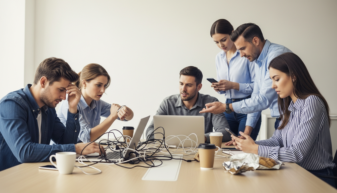 Equipe de seis profissionais em uma reunião de trabalho tensa ao redor de uma mesa repleta de cabos emaranhados e notebooks. Um homem à esquerda expressa exaustão com a mão na testa, enquanto outros olham para relógios e celulares, simbolizando pressão por prazos, problemas técnicos e falta de organização no ambiente corporativo.