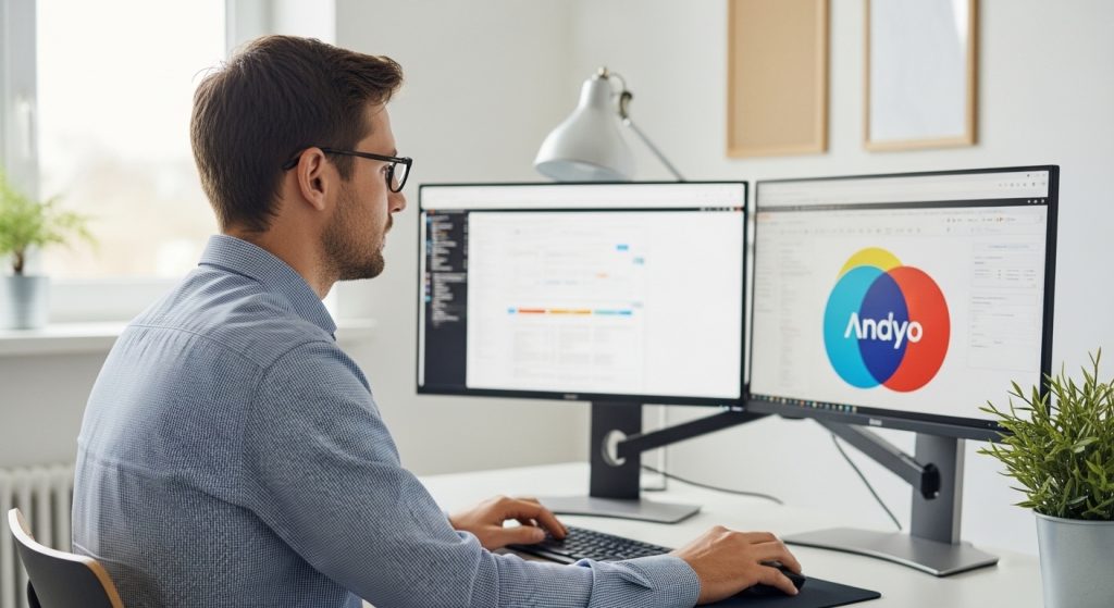 Um designer gráfico trabalha em um escritório moderno e bem iluminado. Ele utiliza dois monitores; o da direita exibe o logotipo da marca 'Andy', composto por três círculos sobrepostos nas cores azul, ciano e vermelho. A estação de trabalho é organizada, com um vaso de planta verde à direita e uma luminária de mesa branca ao fundo, simbolizando criatividade, foco e o processo de construção de branding corporativo.