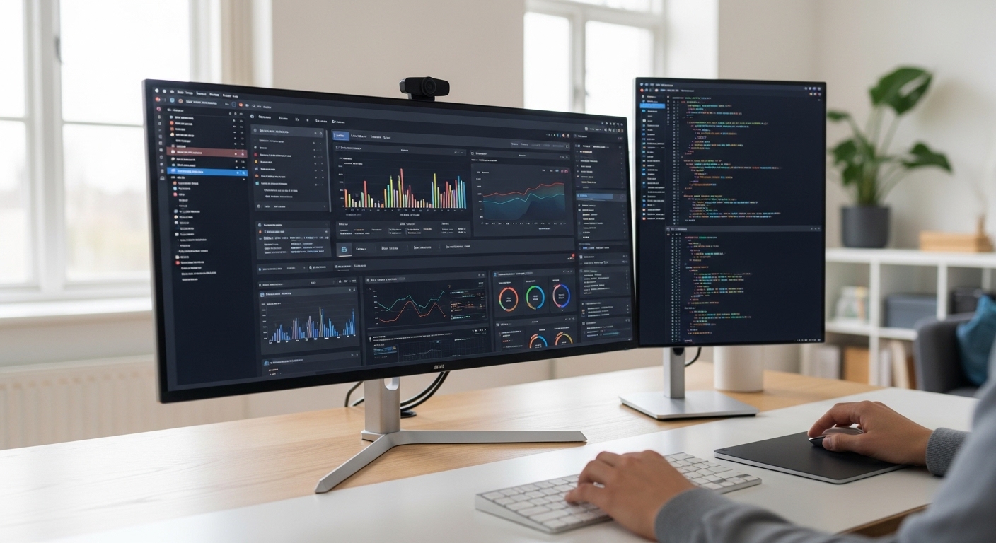 Estação de trabalho moderna com foco em Business Intelligence. Um monitor ultrawide exibe um dashboard complexo com gráficos de barras, linhas e indicadores de performance (KPIs) em modo escuro. Ao lado, um segundo monitor vertical exibe linhas de código de programação.