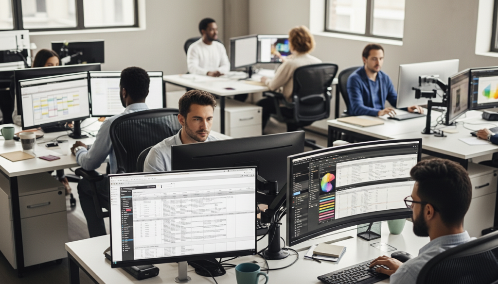 Visão ampla de um escritório moderno e iluminado onde vários profissionais trabalham em estações individuais equipadas com monitores duplos e telas ultra-wide. No primeiro plano, um desenvolvedor foca em códigos e planilhas em um monitor curvo, enquanto ao fundo outros colegas interagem em suas mesas. O ambiente transmite produtividade, alta tecnologia e colaboração corporativa