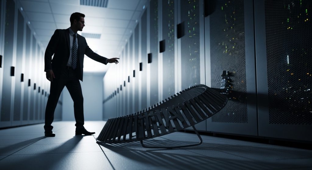 Interior de uma sala de estar futurista e luxuosa com automação residencial avançada. Uma grande tela na parede exibe gráficos de ondas sonoras, enquanto uma mesa de centro tecnológica projeta um holograma de uma planta baixa em 3D. O ambiente possui sofás brancos modulares, painéis de madeira iluminados e uma parede de vidro do chão ao teto com vista para o horizonte ao anoitecer. No teto, dois chuveiros de design industrial regam canteiros de plantas tropicais internas, criando um jardim vertical tecnológico.