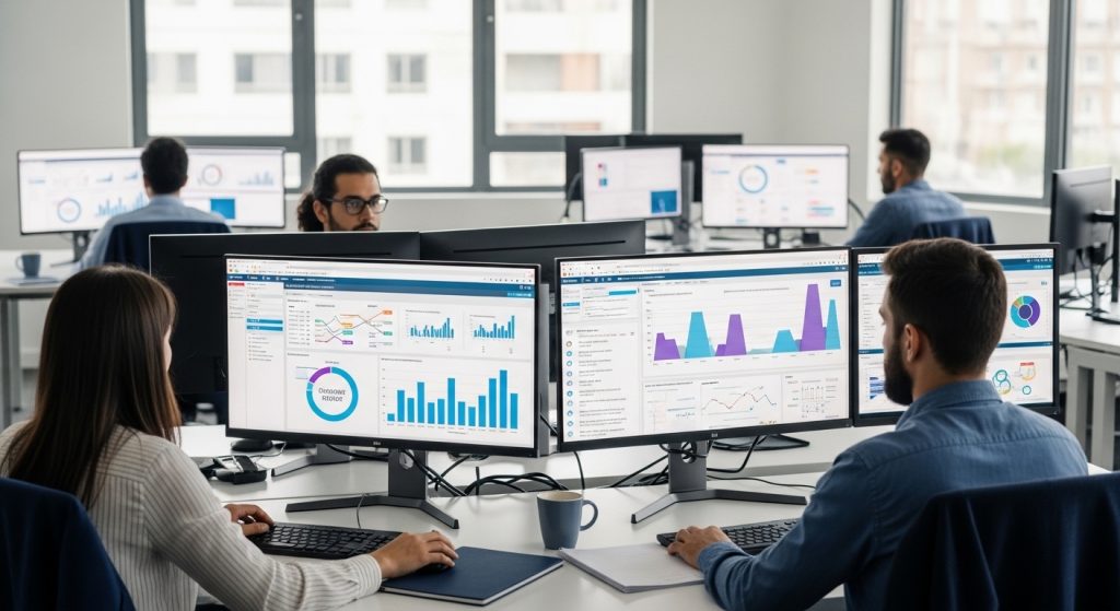 Vista de um corredor organizado em um armazém moderno. No primeiro plano, prateleiras de metal contêm caixas de papelão padronizadas. Um funcionário, visto de costas, utiliza um tablet para realizar a conferência digital do estoque, enquanto ao fundo outro colaborador opera uma empilhadeira manual. A cena simboliza a integração entre mão de obra qualificada e tecnologia para controle de inventário.