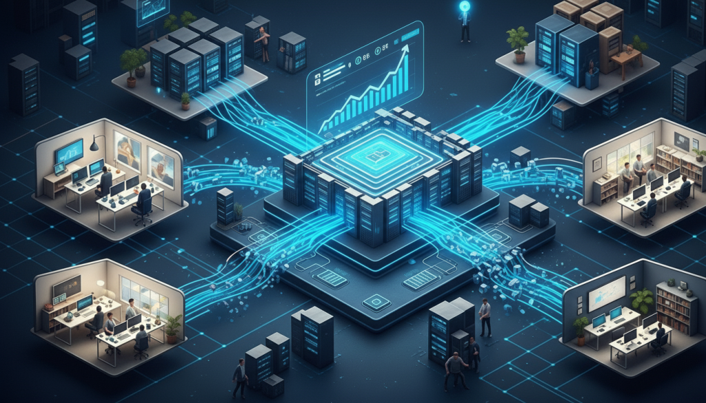 Ilustração isométrica de um ecossistema digital complexo. No centro, um núcleo de servidores emite feixes de luz azul neon que se conectam a diferentes estações de trabalho e bancos de dados. Acima do núcleo central, flutua um painel holográfico exibindo gráficos de crescimento financeiro e dados estatísticos. Em cada canto, miniaturas de escritórios mostram equipes de TI monitorando monitores, simbolizando a integração entre o hardware centralizado e a operação humana descentralizada.