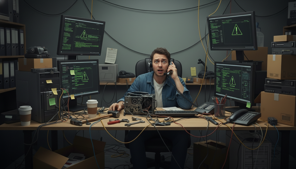 Uma imagem dramática e levemente cômica de um técnico de TI sentado em uma mesa de trabalho extremamente bagunçada e cheia de fios emaranhados. Ele usa um headset, segura um telefone com expressão de pânico e surpresa. Ao seu redor, quatro monitores exibem avisos de erro com triângulos de exclamação verdes. Na mesa, há ferramentas como martelo e chaves de fenda ao lado de um computador aberto, caixas de papelão e vários copos de café, simbolizando um ambiente de trabalho sob alta pressão.